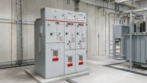 Compact medium voltage Ring Main Unit installed in a clean secondary substation, realistic industrial photography, no text