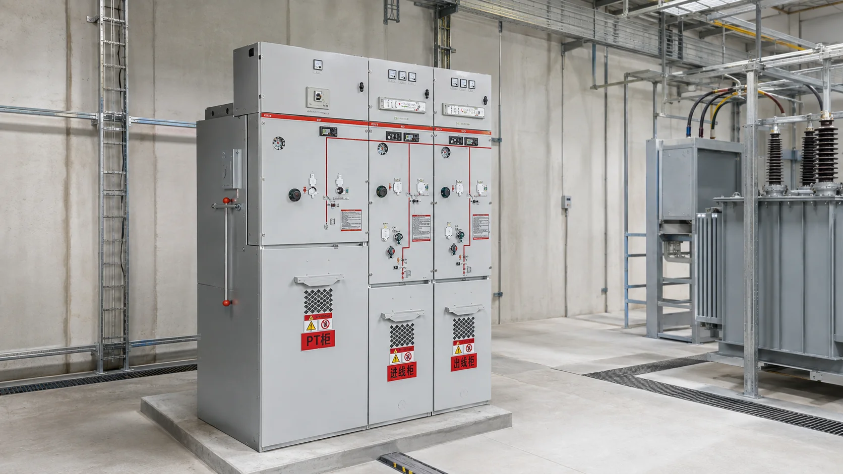 Compact medium voltage Ring Main Unit installed in a clean secondary substation, realistic industrial photography, no text