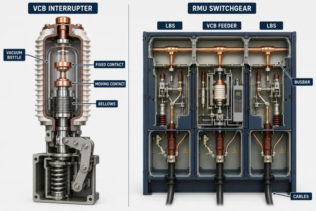Cutaway comparison of a vacuum circuit breaker interrupter beside a complete three way RMU Switchgear assembly