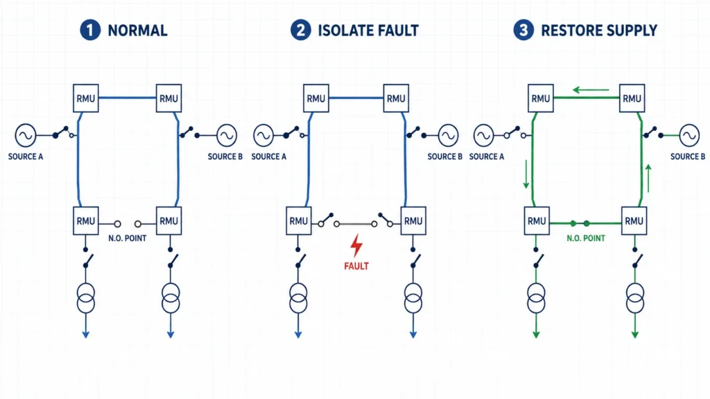 Fault isolation and alternative supply restoration sequence in a medium voltage ring distribution network