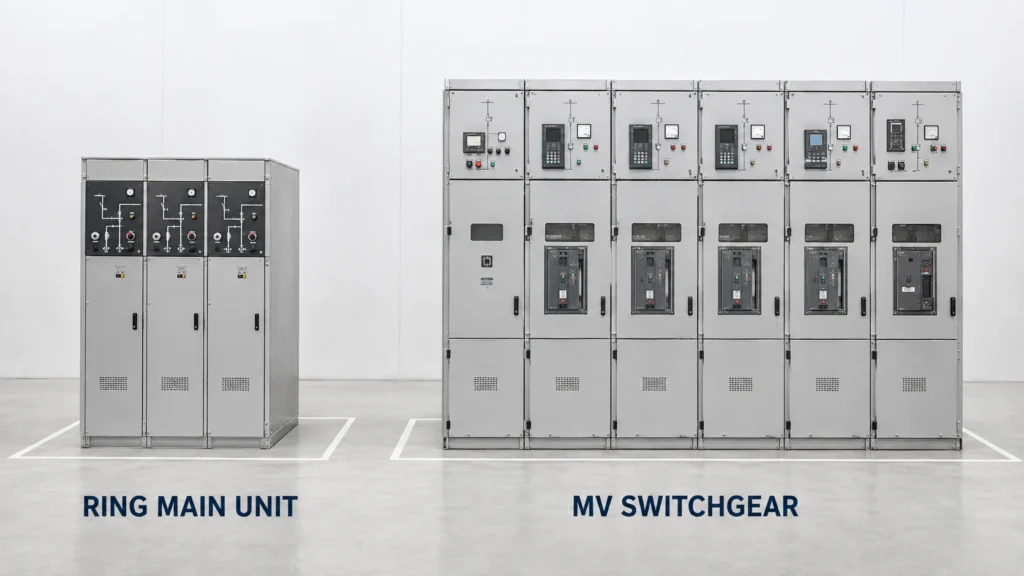 Side by side comparison of a compact three way Ring Main Unit and a conventional multi panel medium voltage switchgear lineup