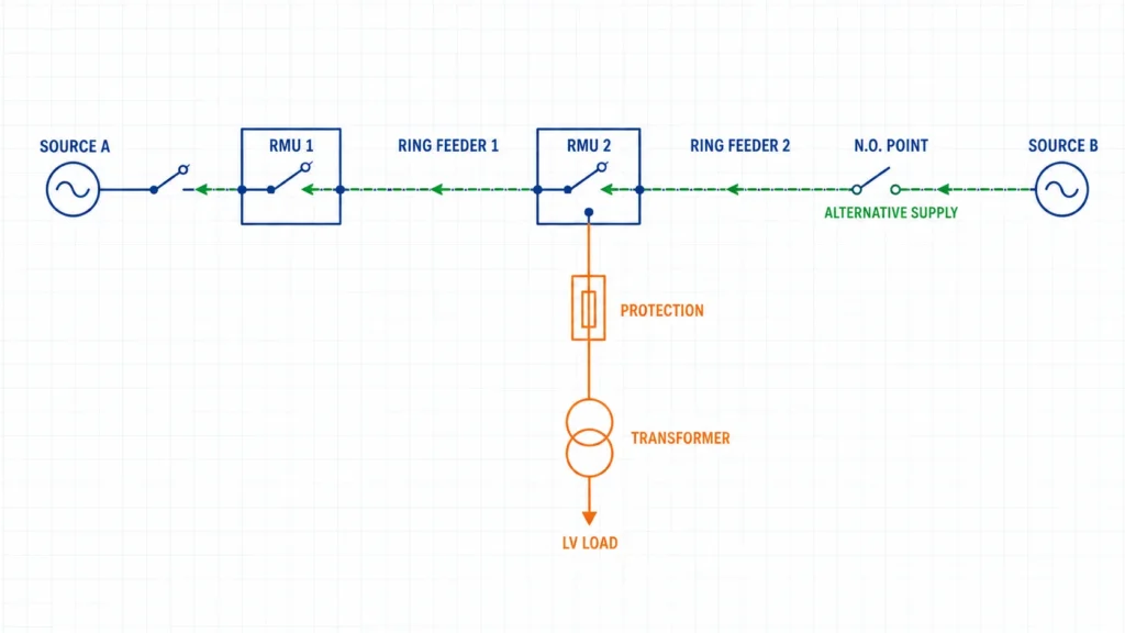 Single line diagram showing two RMU ring feeders, a protected transformer tee off, and the alternative supply path