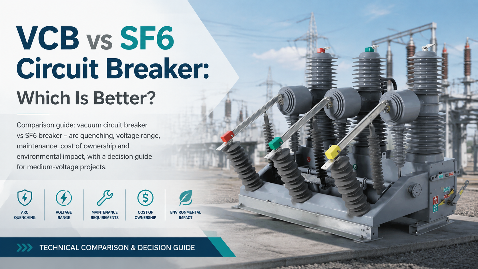 VCB vs SF6 circuit breaker comparison cover with arc quenching, voltage range, maintenance, cost of ownership and environmental impact icons