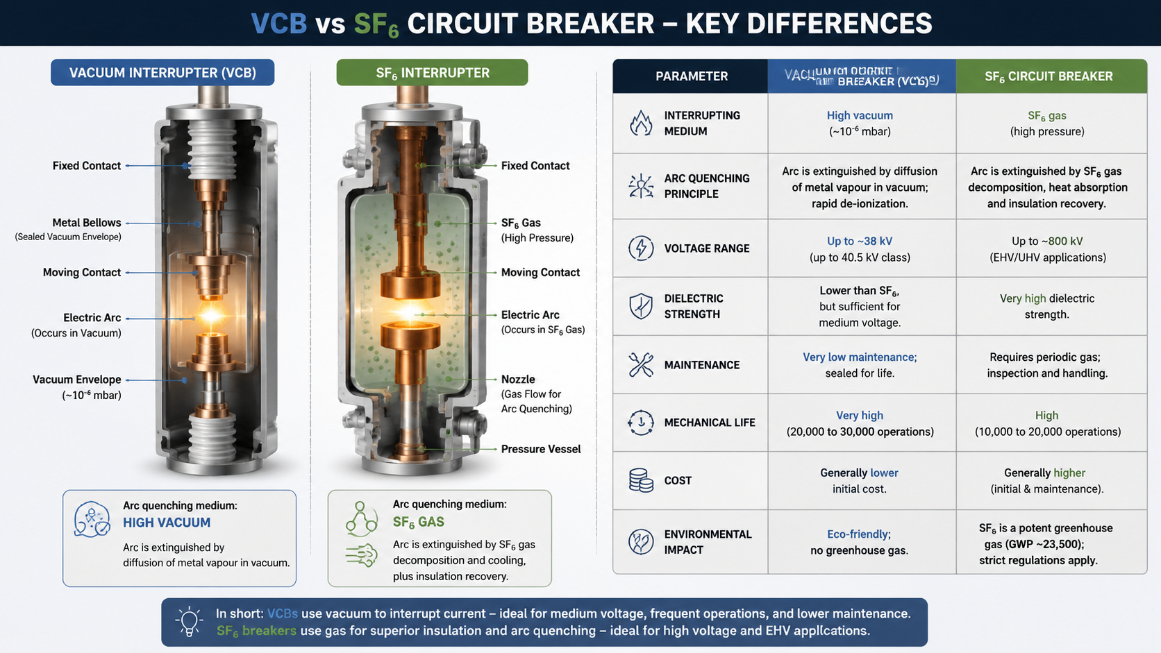Cutaway comparison of a vacuum interrupter and an SF6 interrupter showing the different arc-quenching media