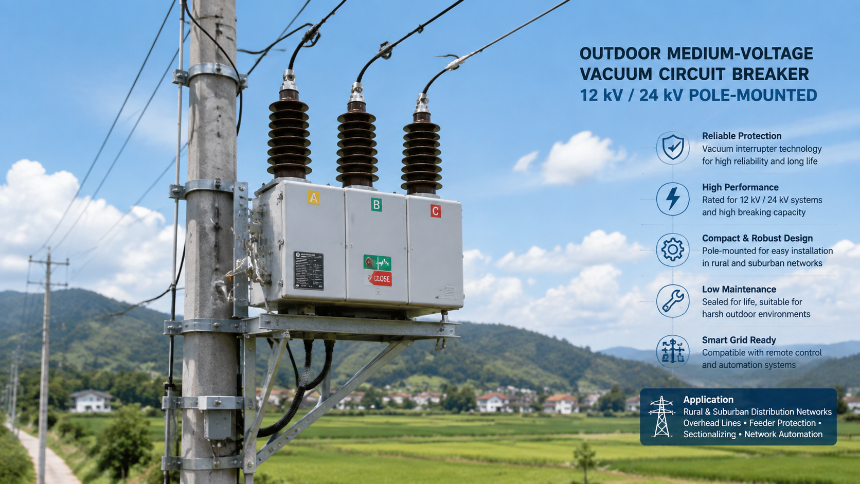 Outdoor medium-voltage vacuum circuit breaker mounted on a distribution pole in a rural grid