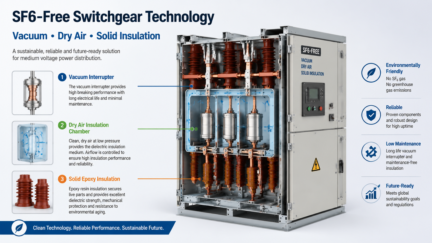 SF6-free switchgear technology diagram showing vacuum interrupter, dry air insulation and solid epoxy insulation options