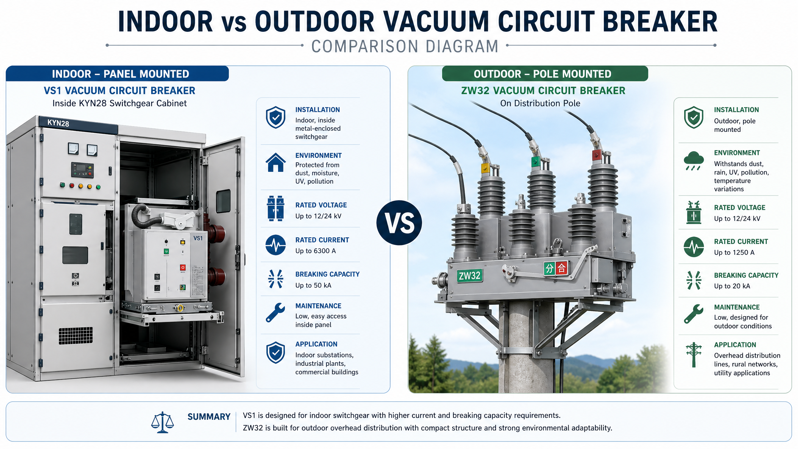 Indoor vs outdoor vacuum circuit breaker comparison diagram showing a panel-mounted VS1 unit and a pole-mounted ZW32 unit
