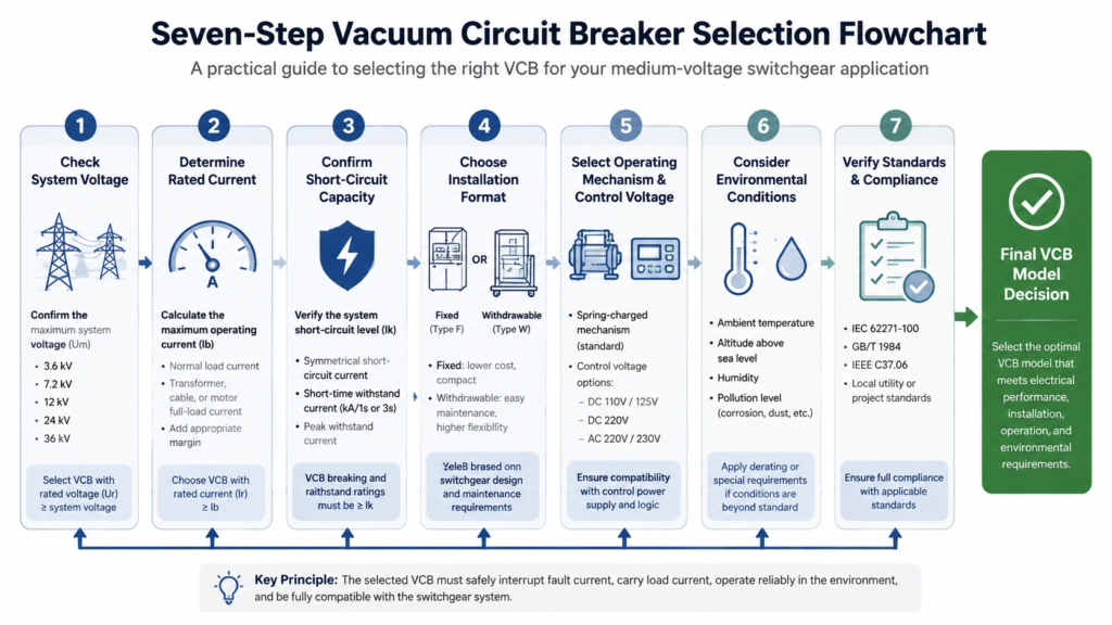 Seven-step vacuum circuit breaker selection flowchart covering system voltage, rated current, short-circuit capacity, installation format, operating mechanism, environmental conditions, and standards verification, leading to the final VCB model decision.