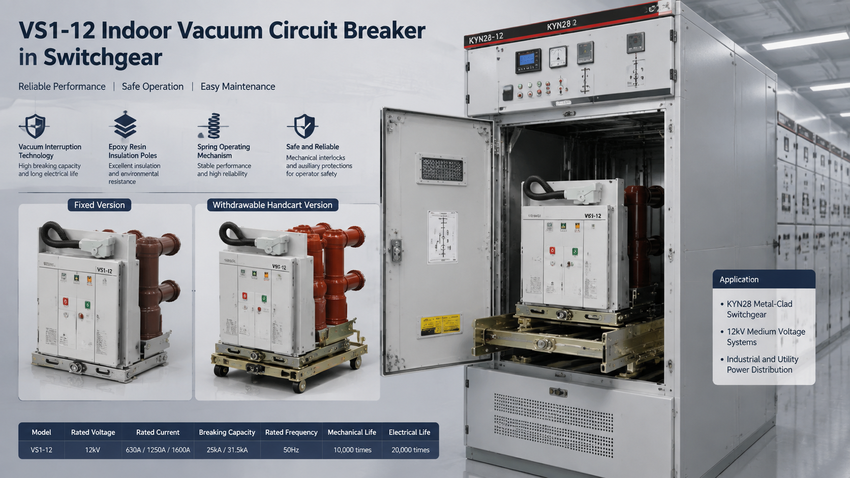 VS1-12 indoor vacuum circuit breaker with fixed and withdrawable versions inside a KYN28 switchgear cabinet