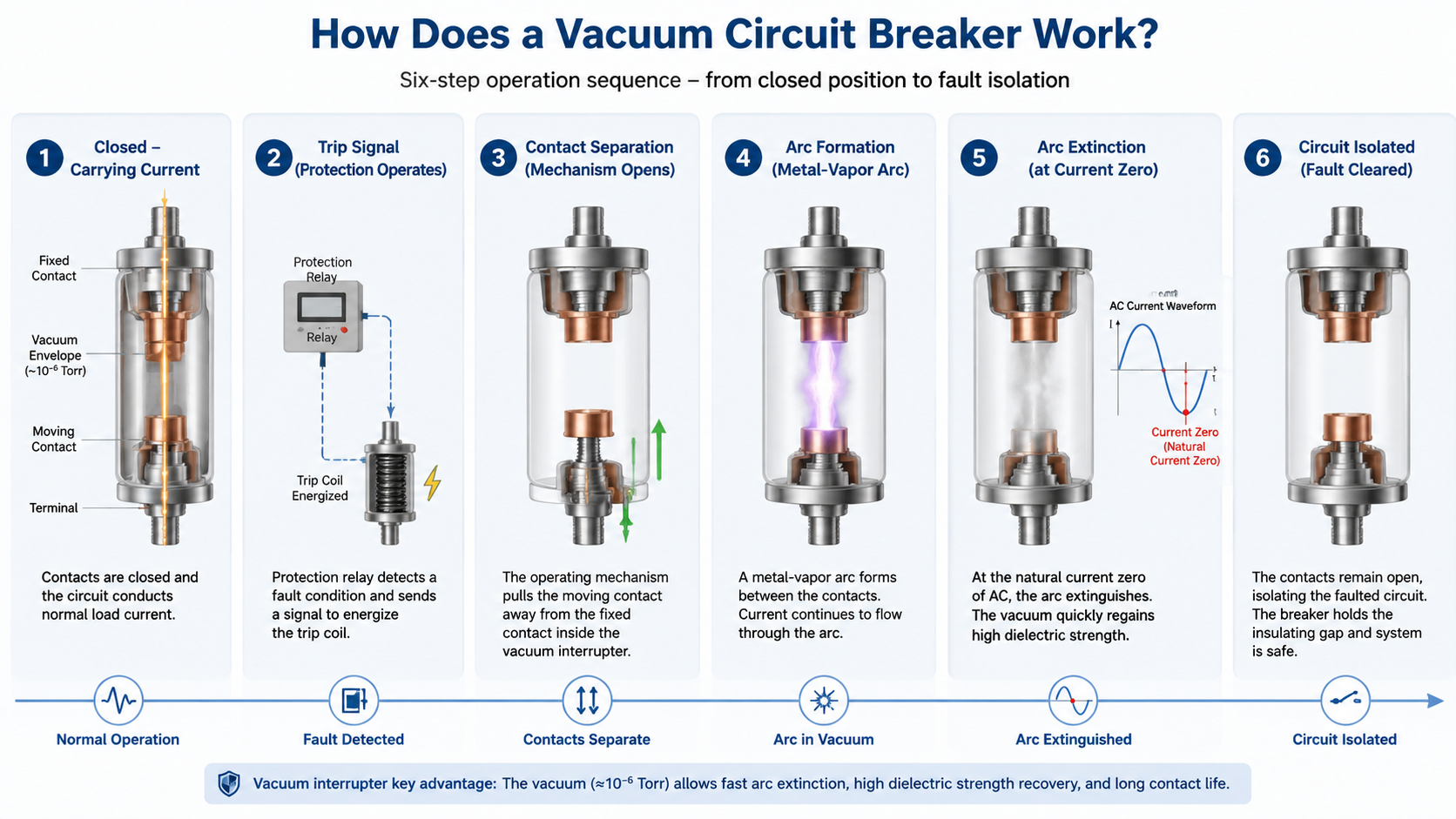 Diagram of the six-step vacuum circuit breaker working principle from closed contacts to arc extinction at current zero