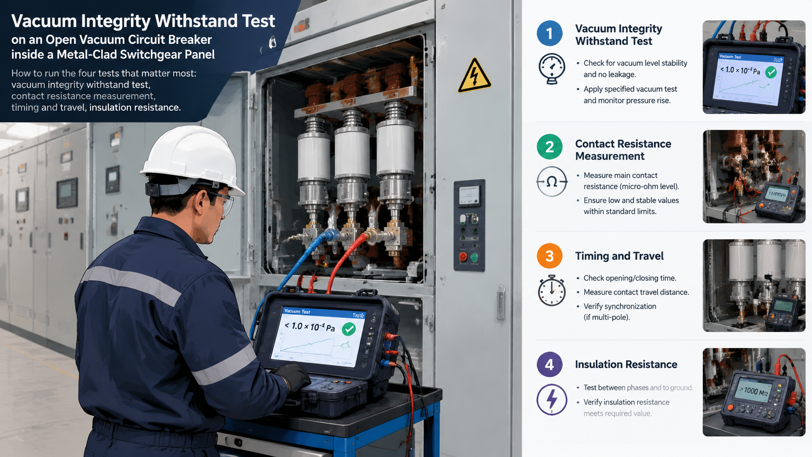 Maintenance technician performing a vacuum integrity withstand test on an open vacuum circuit breaker in a metal-clad switchgear panel