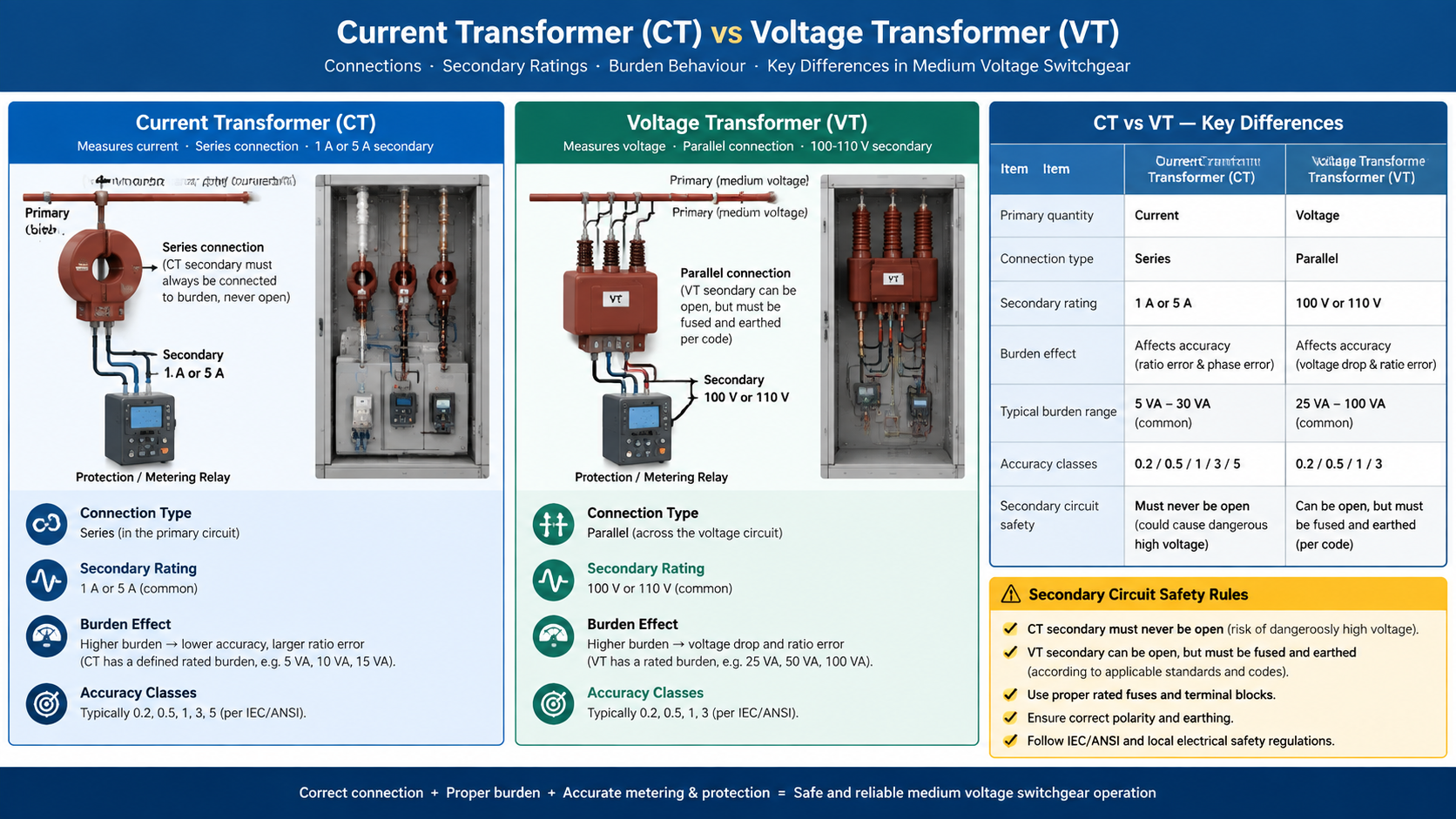 Diagram comparing current transformer and voltage transformer connection, secondary ratings and burden behaviour in a switchgear panel