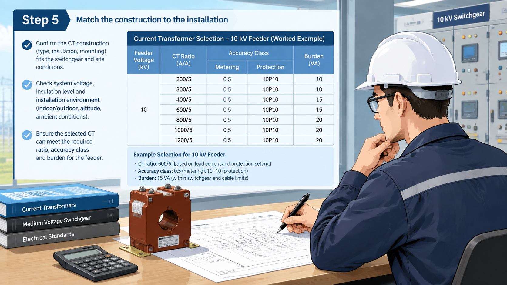 Engineer reviewing a current transformer selection table showing ratios, accuracy classes and burden values for a medium voltage switchgear panel