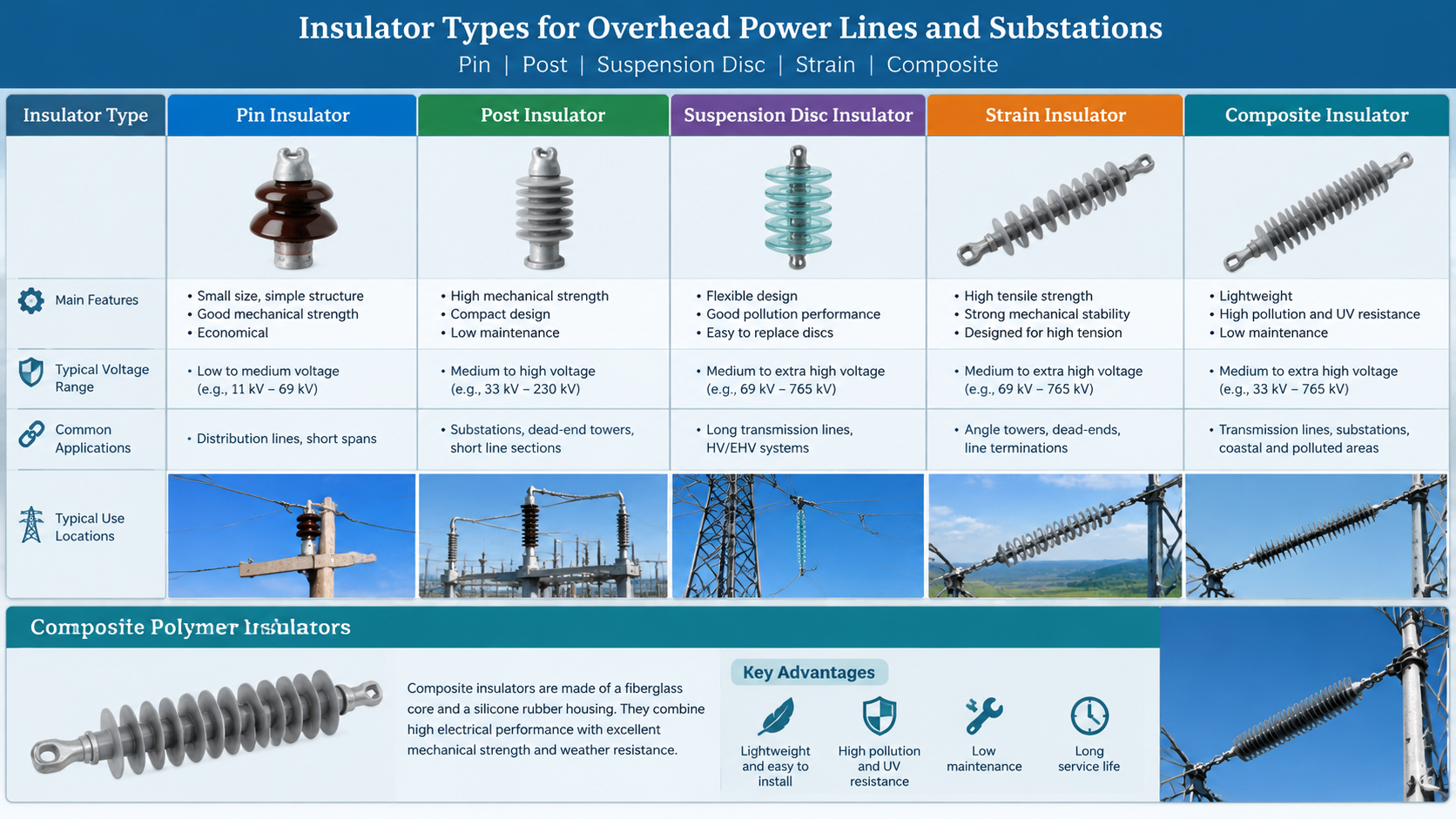 Comparison chart of pin, post, suspension disc, strain and composite insulators used on overhead power lines and in substations