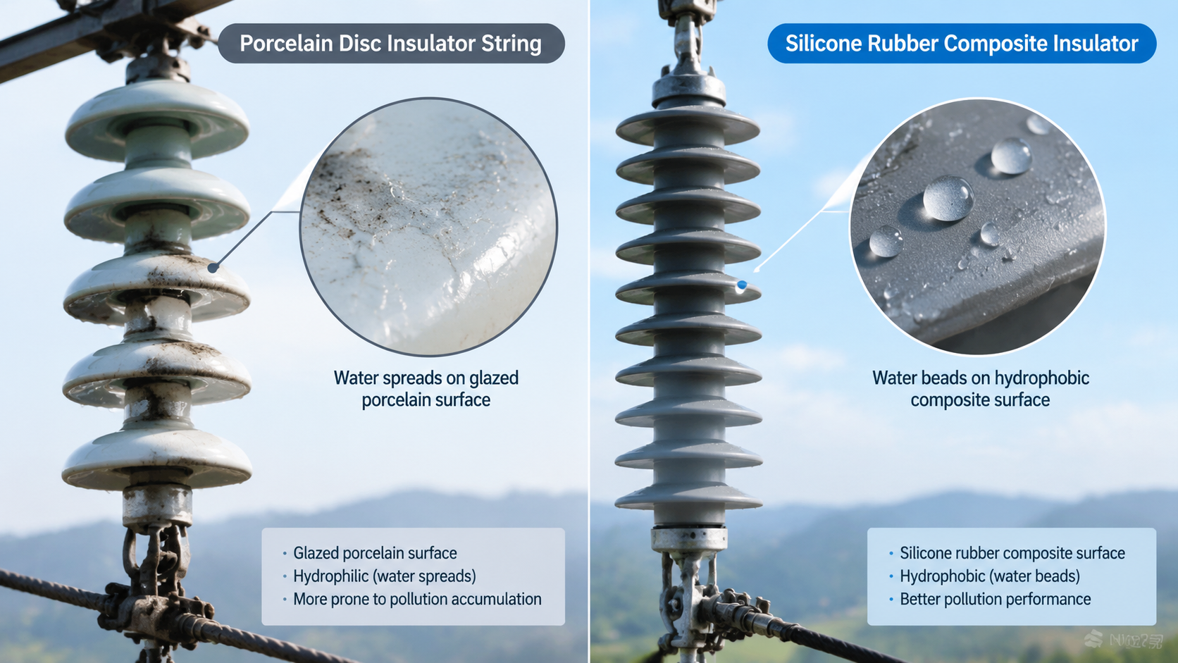 Side by side comparison of a porcelain disc insulator string and a silicone rubber composite insulator showing water beading on the hydrophobic composite surface