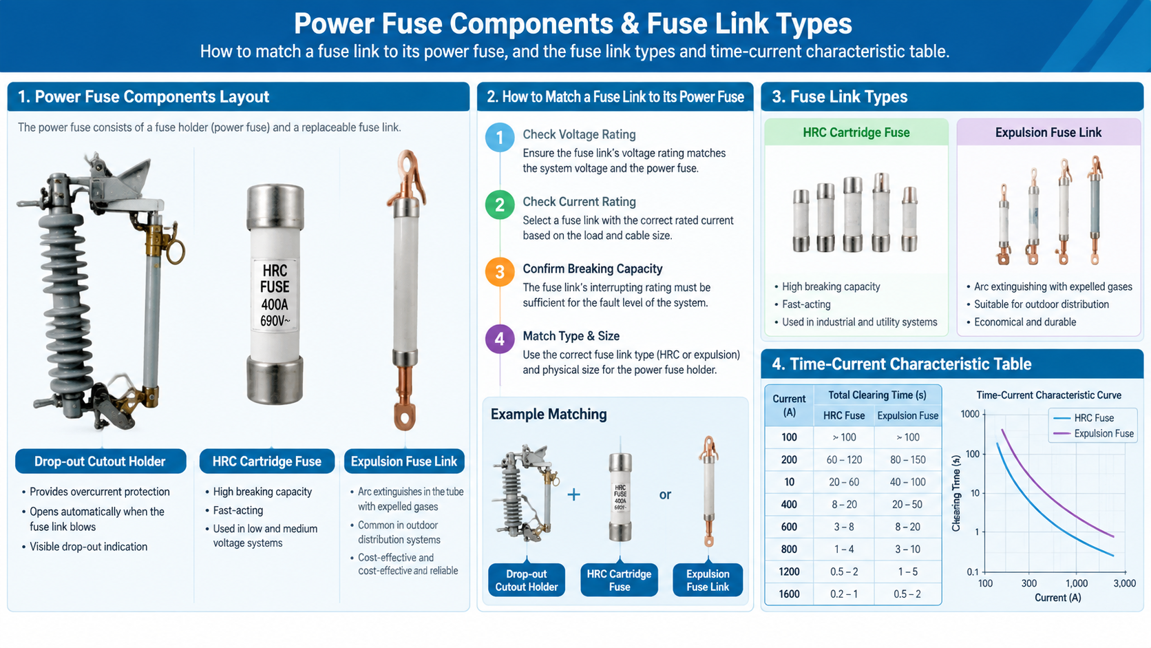 Layout of power fuse components beside replaceable fuse links showing cutout holder, HRC cartridge fuse and expulsion link types