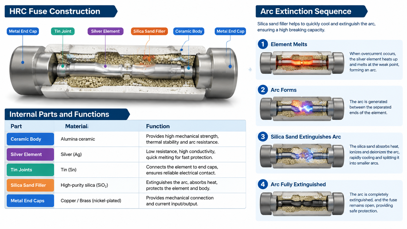 Cutaway diagram of an HRC fuse showing the ceramic body, silver element with tin joints, silica sand filler and end caps