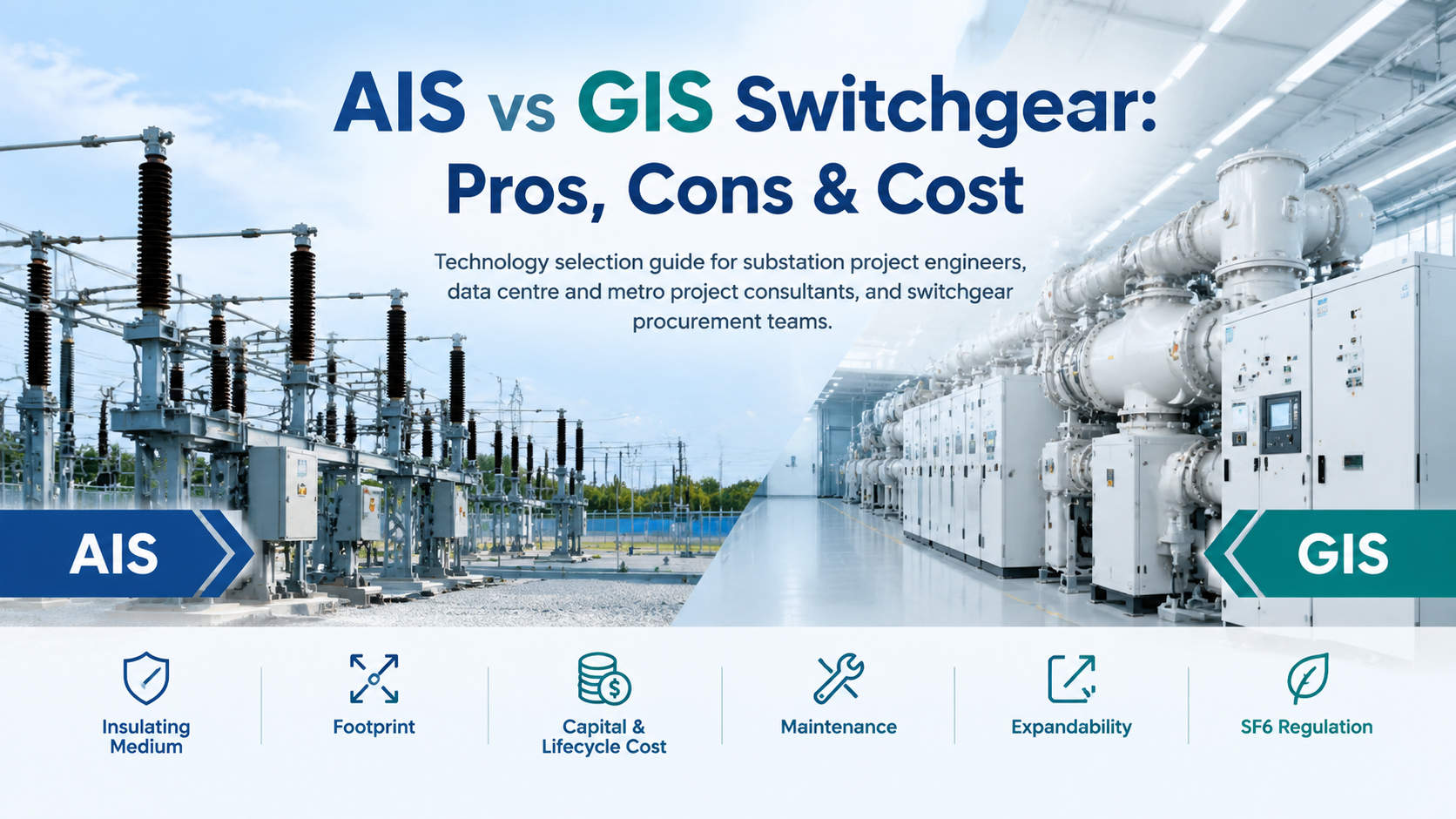 AIS versus GIS switchgear cover comparing an air insulated switchgear room with a compact gas insulated switchgear unit