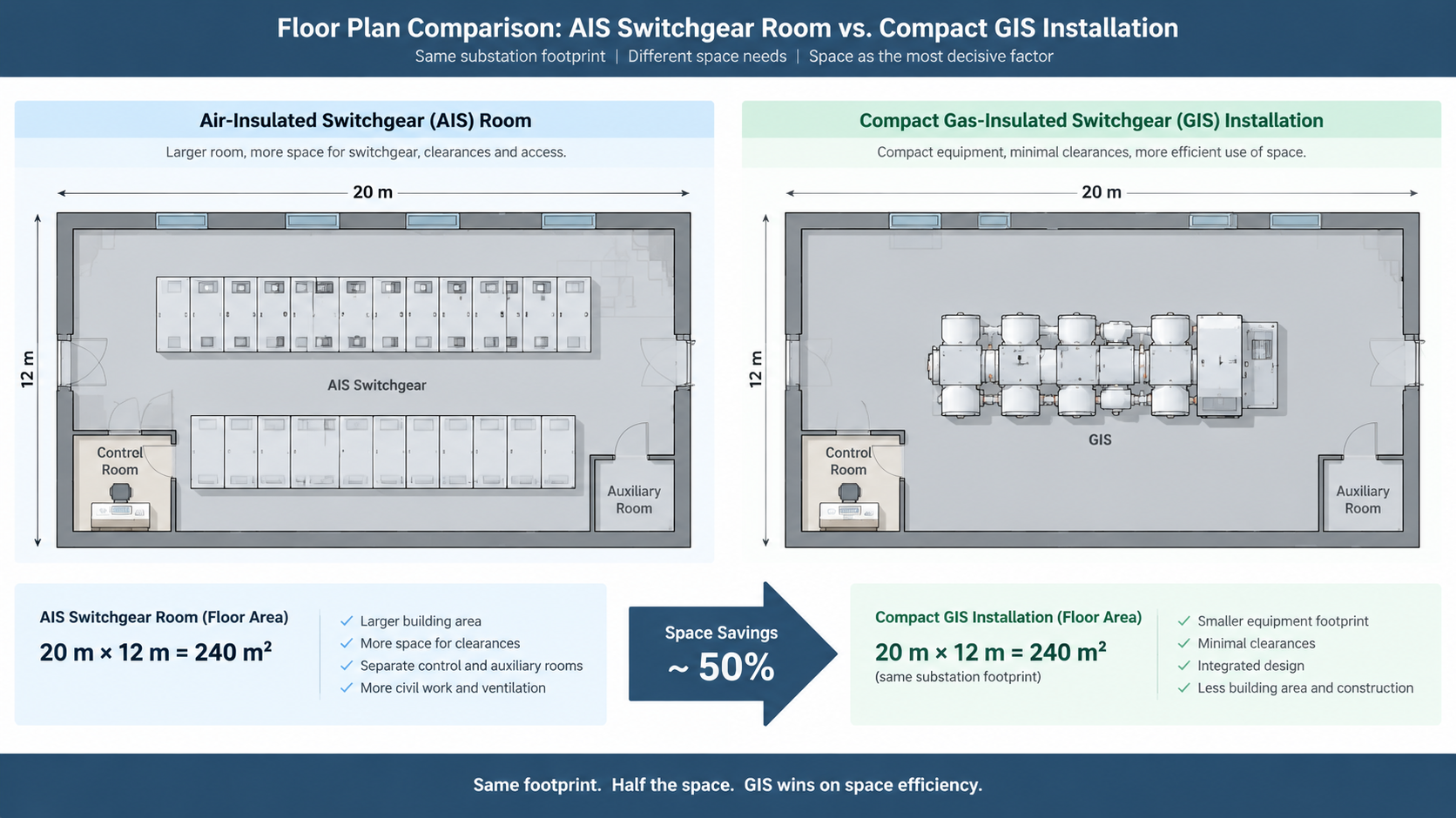 Floor plan comparison of an air-insulated switchgear room and a compact gas-insulated switchgear installation in the same substation footprint
