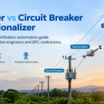 Recloser versus circuit breaker versus sectionalizer cover showing a pole mounted recloser on a distribution feeder
