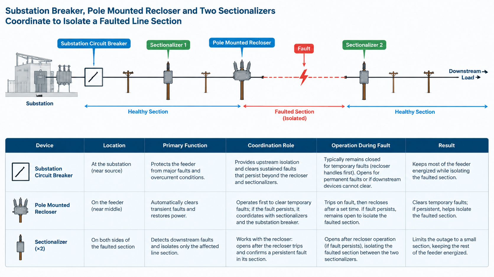 Single line diagram showing a substation circuit breaker, a pole mounted recloser and two sectionalizers coordinating to isolate a faulted line section