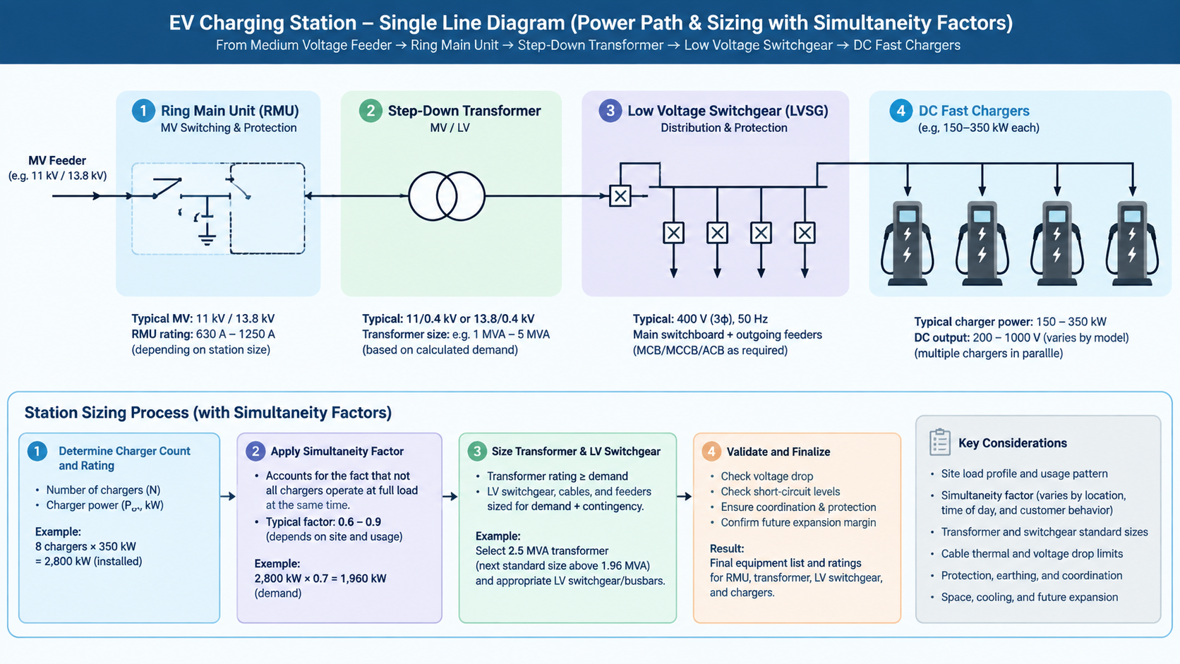 Single line diagram of an EV Charging Stations Switchgear station power path from medium voltage feeder through ring main unit, step-down transformer and low voltage switchgear to DC fast chargers