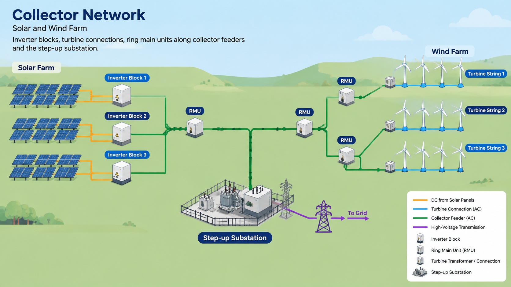 Collector network diagram of a Wind/Solar Farm MV Switchgear inverter blocks, turbine connections, ring main units, collector feeders and the step-up substation