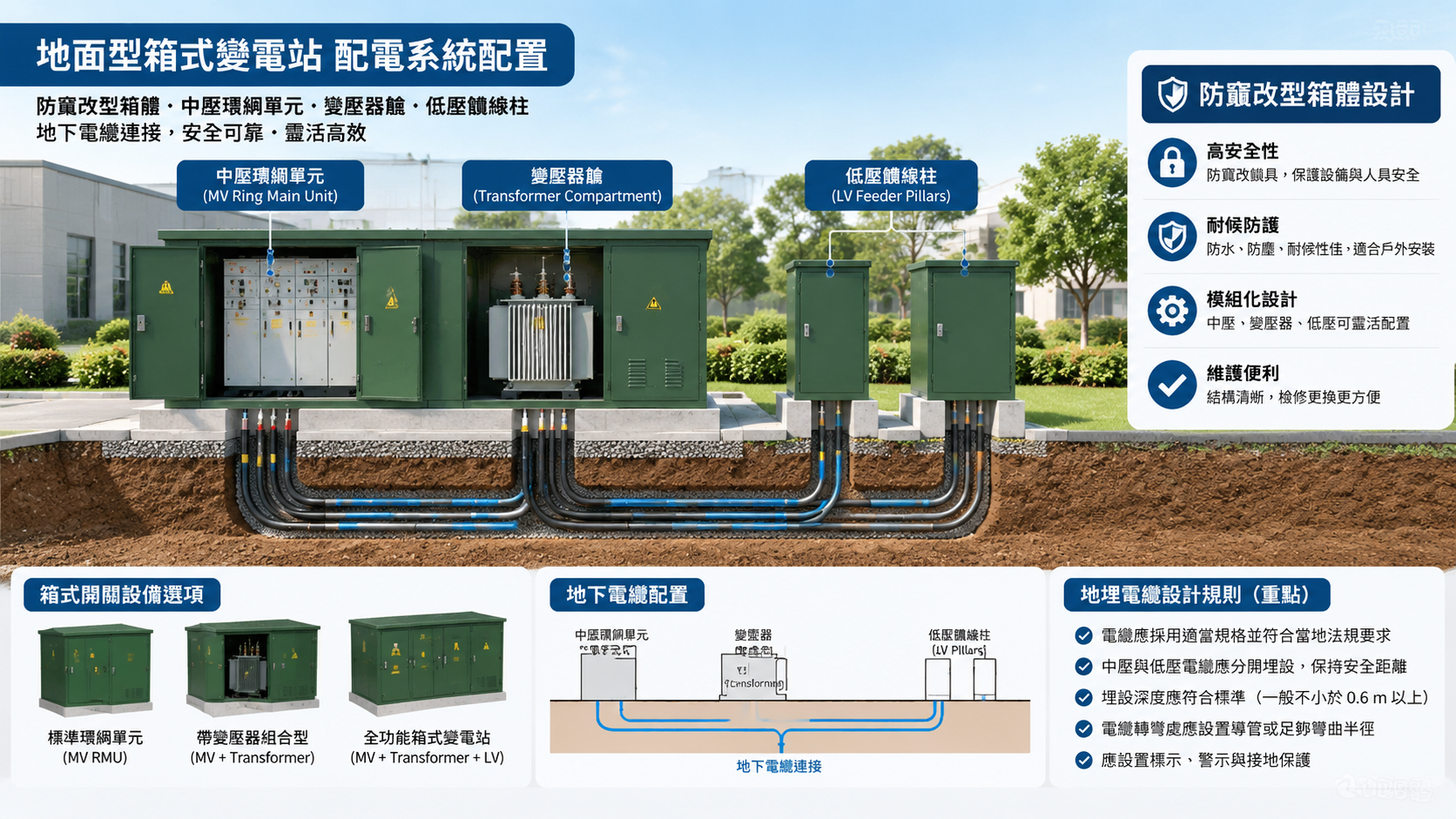 Pad-mounted distribution arrangement showing a tamper resistant enclosure with medium voltage ring main unit, transformer compartment and low voltage feeder pillars connected by underground cables