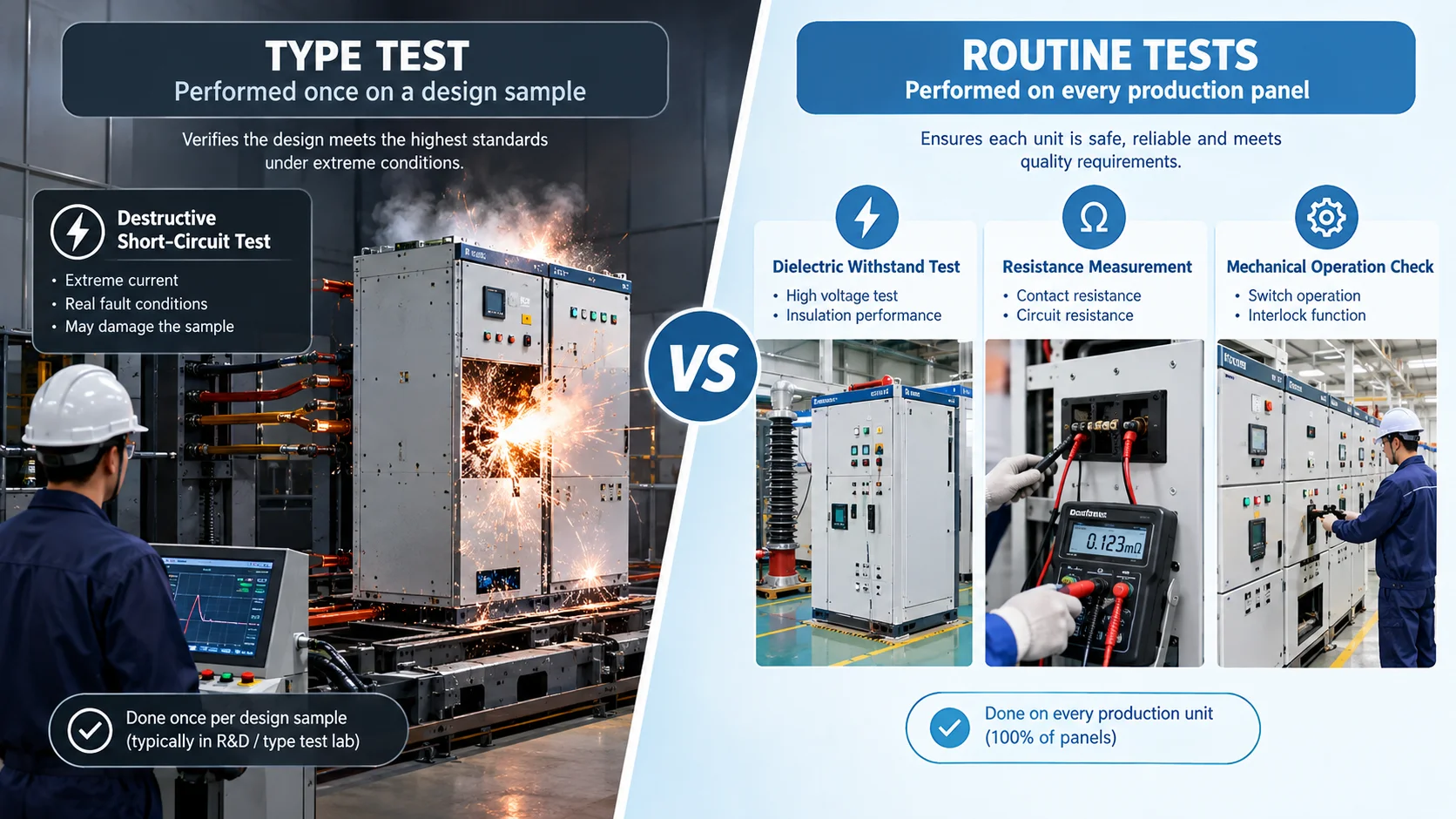 Comparison table illustration contrasting type tests performed once on a design sample with routine tests performed on every production unit of medium-voltage switchgear.