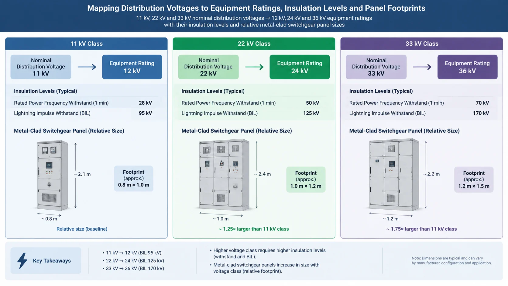 Diagram mapping 11 kV, 22 kV and 33 kV nominal distribution voltages to 12 kV, 24 kV and 36 kV equipment ratings, showing the corresponding lightning impulse levels and the typical metal-clad panel footprint at each class.